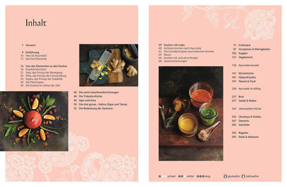Inhaltsverzeichnis mit Fotos von Gewürzen und Speisen; Text Geschenkset Achtsame Ayurveda Küche.