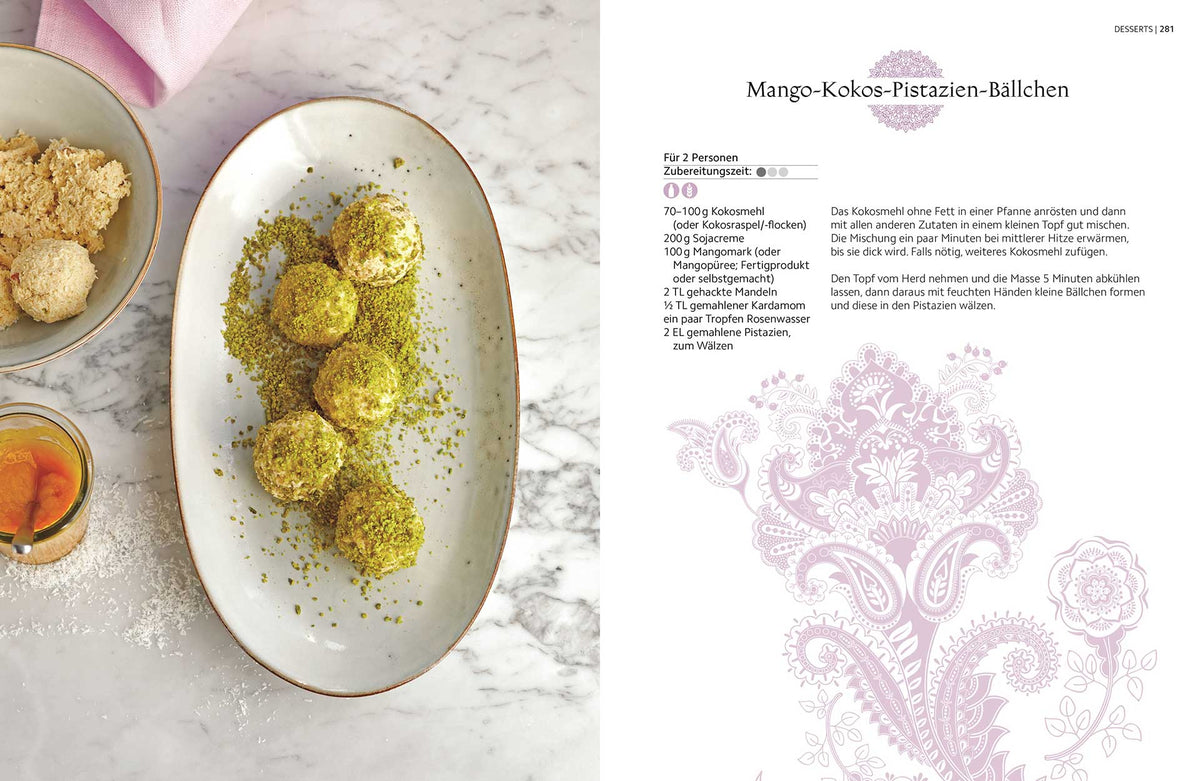 Vier Mango-Kokos-Bällchen, Pistazien, ein Getränk und Geschenkset Achtsame Ayurveda Küche.