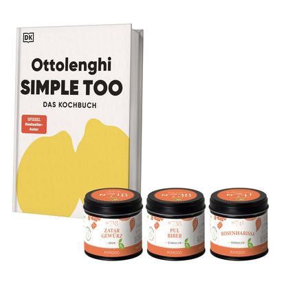 Das Ottolenghi-Kochbuch Simple Too und drei Bio-Gewürze: Zatar, Pul Biber und Rosenharissa.