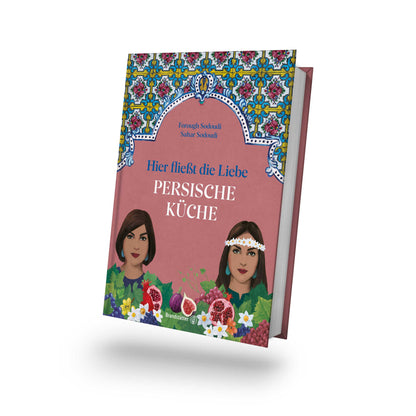 Kochbuch mit Frauenabbildungen, persischen Fliesenmustern und Blumen auf dem Cover.
