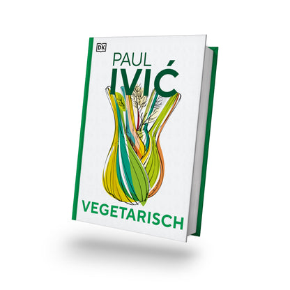 Geschenkset Vegetarisch Paul Iviç mit bunter abstrakter Gemüseillustration auf dem Deckel.