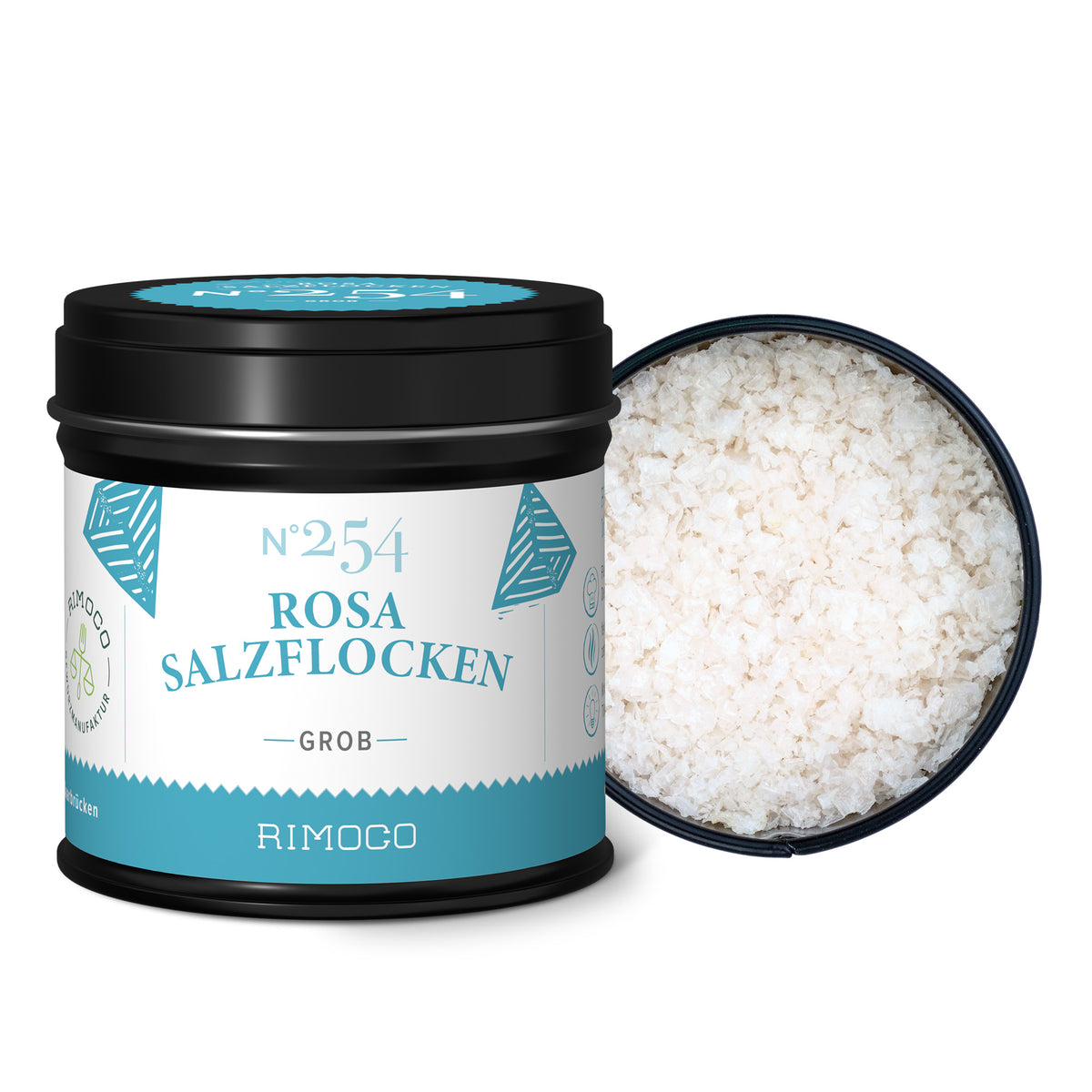 Rosa Salzflocken: Eine Dose geschlossen, eine offen mit sichtbaren Salzflocken.