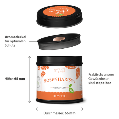 Bio Rosenharissa in schwarzer und oranger Dose, gestapelt, Produktmaße sichtbar.