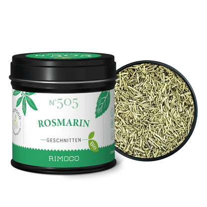 Bio Rosmarin geschnitten, Dose mit getrocknetem Rosmarin auf der Verpackung sichtbar.
