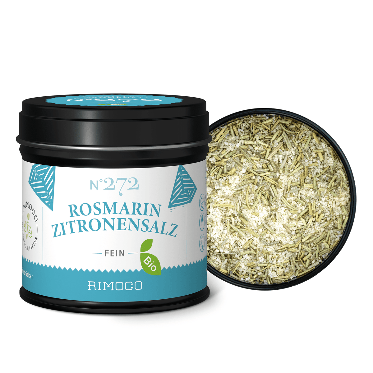 Dose Bio Rosmarin Zitronensalz ohne Deckel, grobes Kräutersalz innen sichtbar.