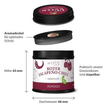 Schwarze Gewürzdose mit Aufschrift Bio Roter Jalapeño Chili gemahlen, stapelbar und aromadicht.