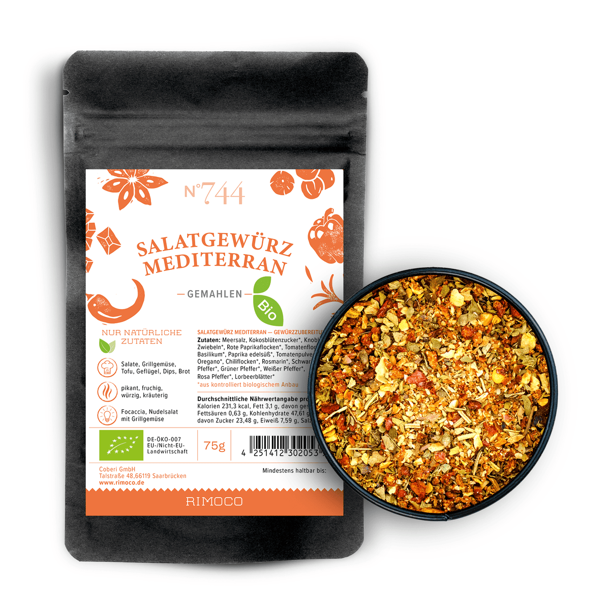 Bio Salatgewürz Mediterran Packung und Schale mit bunten getrockneten Kräutern.