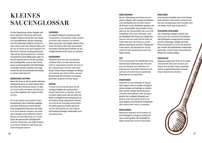 Schwarzer Text „Saucen-Kochbuch“, großer brauner Löffel auf weißem Hintergrund.