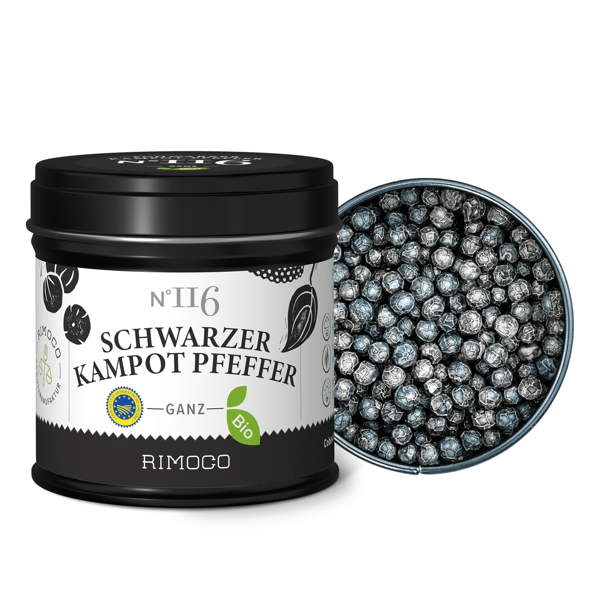 Schwarze Dose Bio Schwarzer Kampot Pfeffer mit geöffnetem Deckel und ganzen schwarzen Pfefferkörnern.