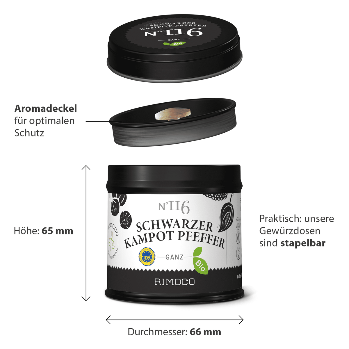 Bio Schwarzer Kampot Pfeffer in schwarzer Dose mit Deckel.