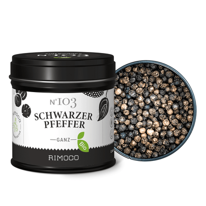 Dose mit Bio Schwarzer Pfeffer neben geöffneter Dose mit ganzen Pfefferkörnern.