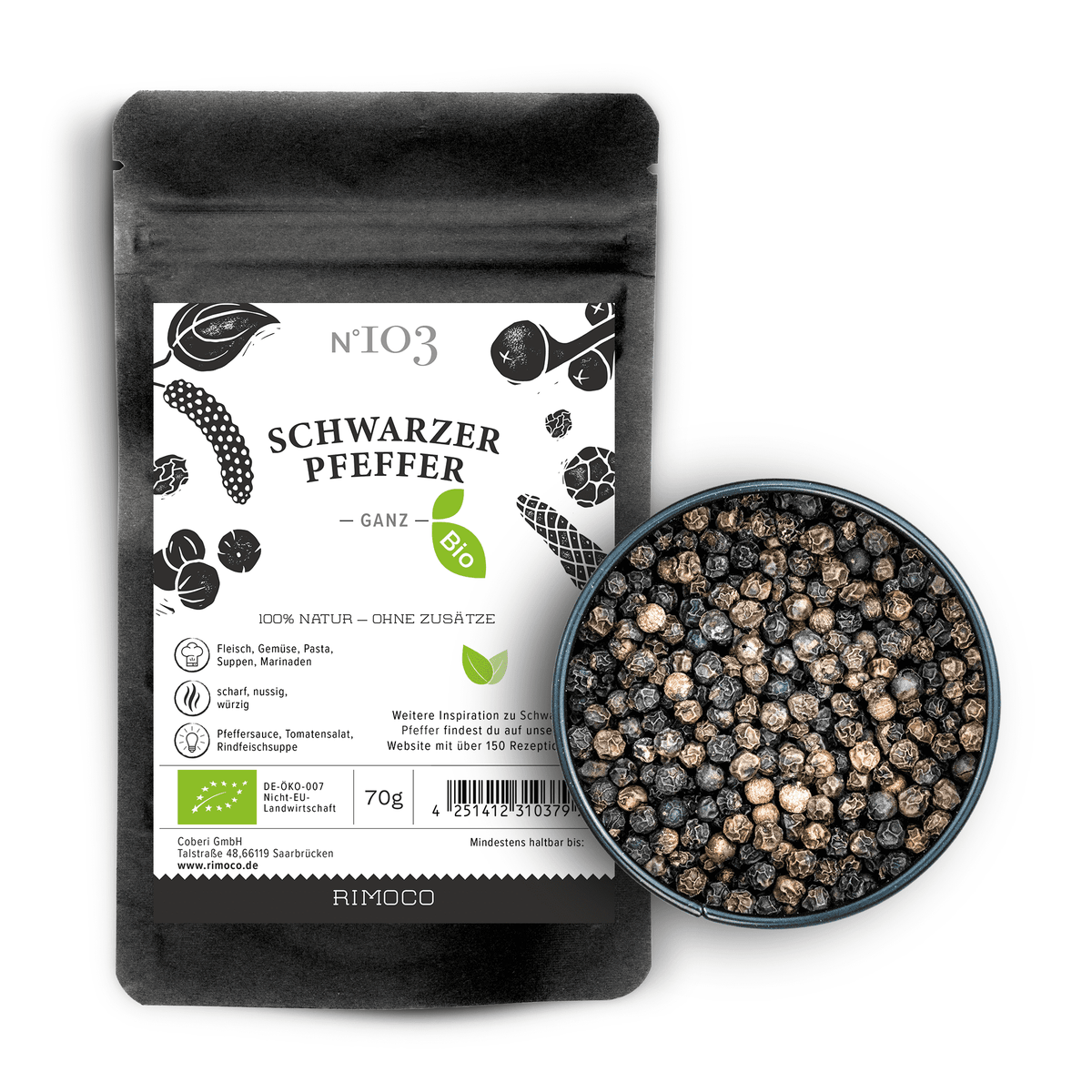 Bio Schwarzer Pfeffer Beutel neben einer Schale mit ganzen schwarzen Pfefferkörnern.