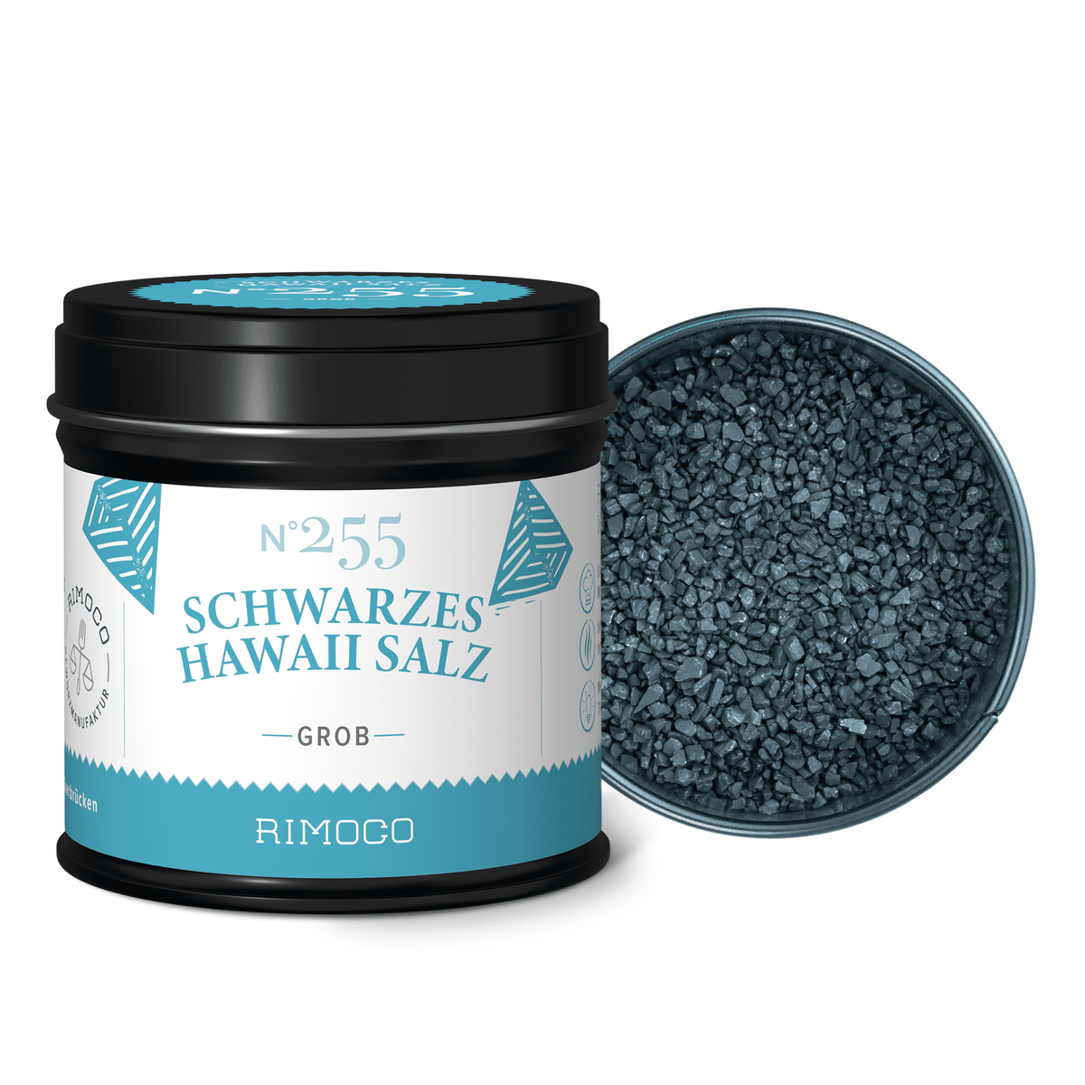 Dose Schwarzes Hawaii Salz grob mit abgenommenem Deckel, grobes schwarzes Meersalz sichtbar.