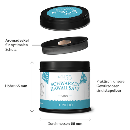Schwarzes Hawaii Salz grob in schwarzer, runder Dose mit Aufschrift in Deutsch.