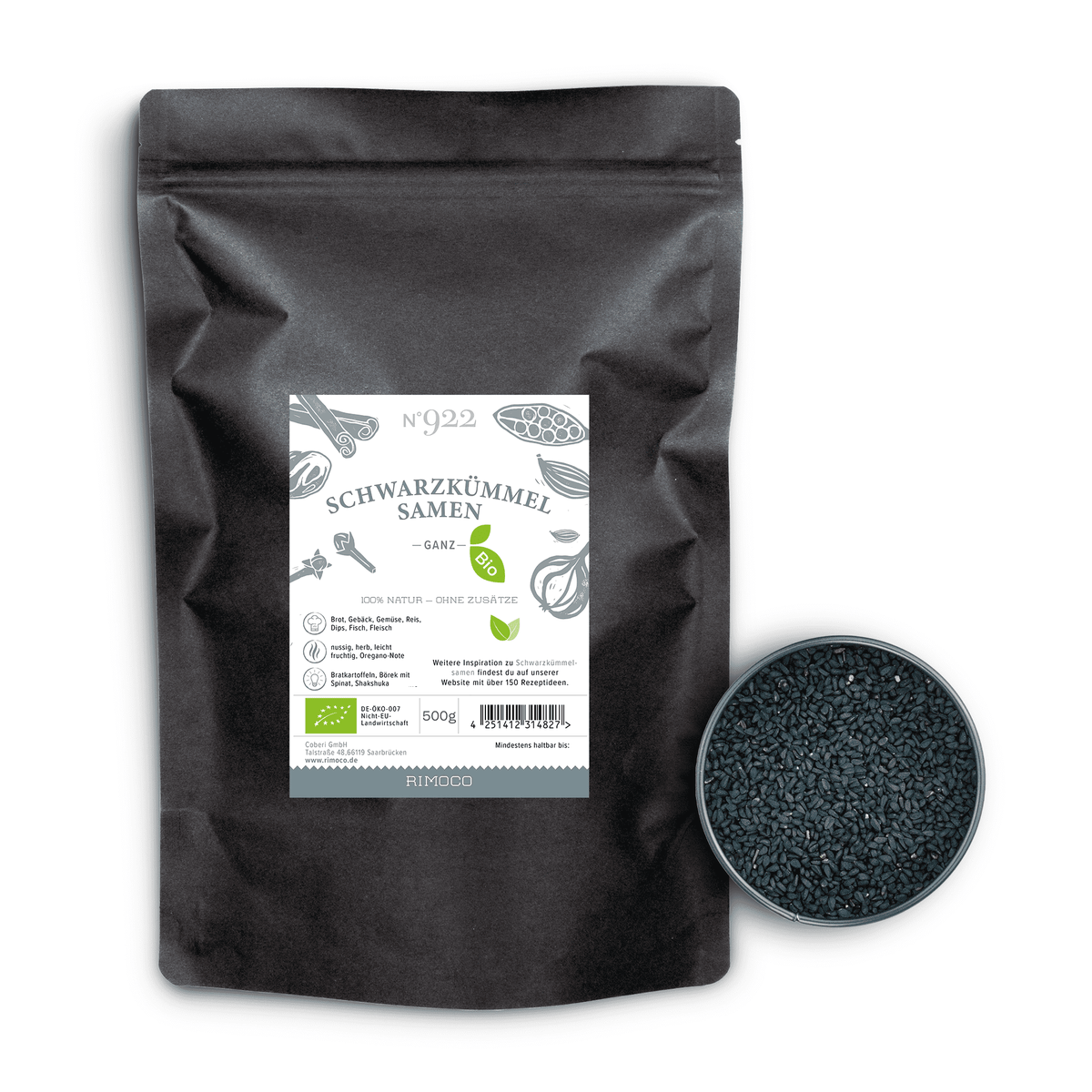 Bio Schwarzkümmelsamen-Tüte neben einer kleinen Schale mit schwarzen Samen.