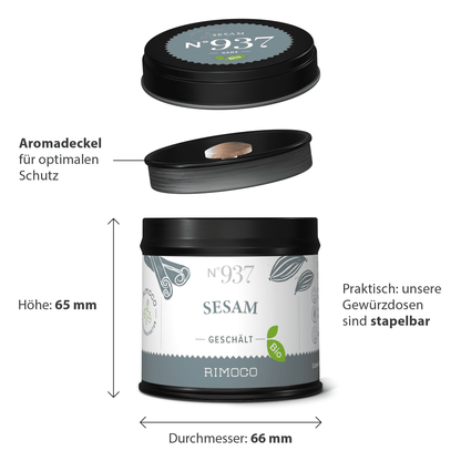 Runde schwarze Dose mit der Aufschrift Bio Sesam, abgebildet mit Deckel, Höhe und Durchmesser. 