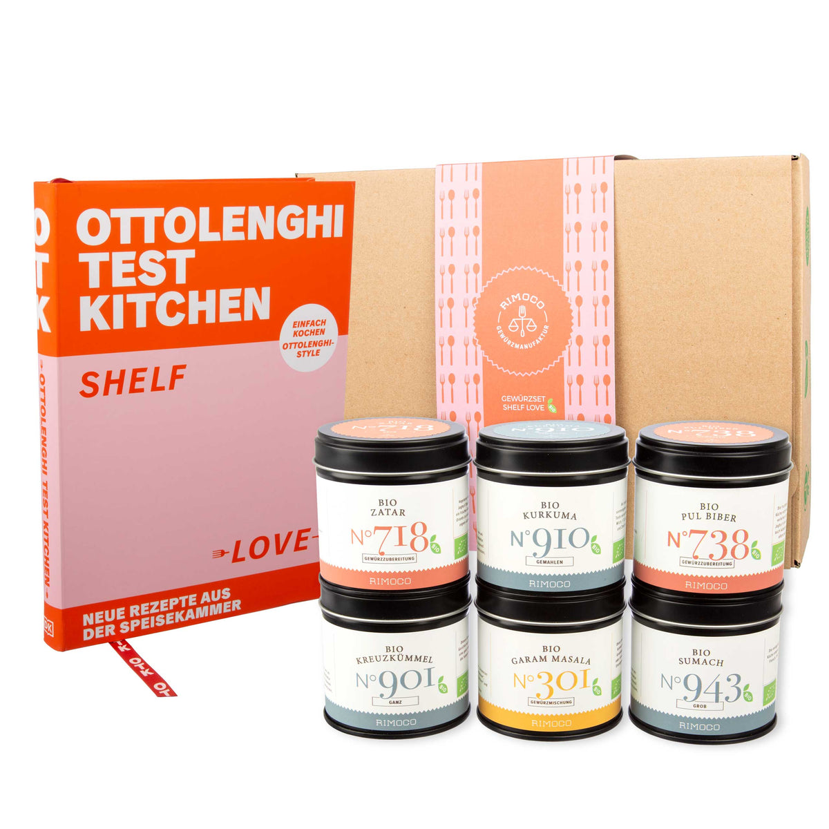Ottolenghi Test Kitchen: Shelf Love Buch, Geschenkbox und 6 Gläser Bio Zatar und Garam Masala sichtbar.