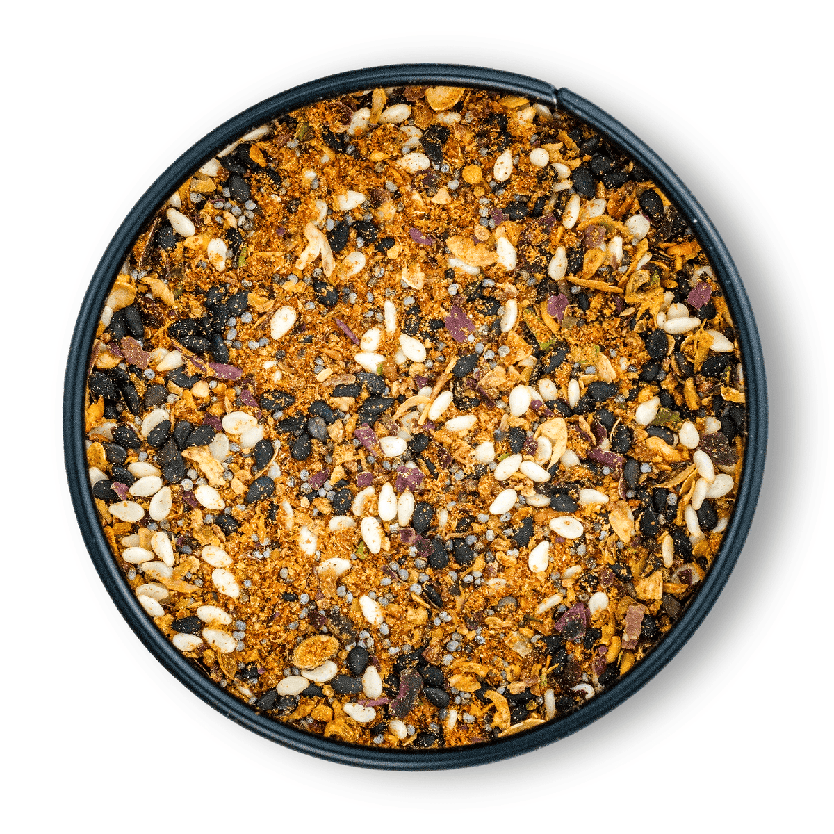 Runde Dose Bio Shichimi Togarashi, bunte japanische Gewürzmischung mit sichtbaren Sesamsamen.