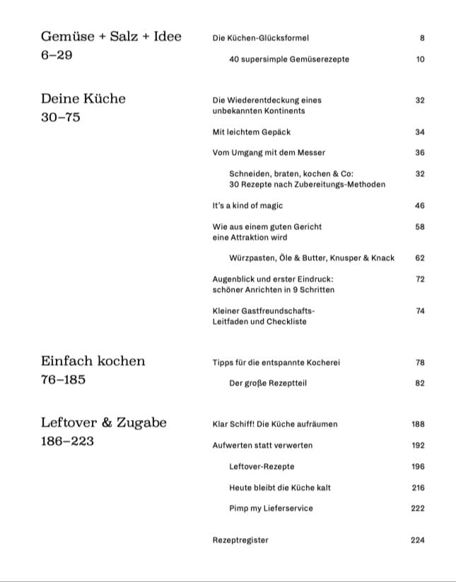Inhaltsverzeichnis von Simple & Clever Kochbuch: Gemüsekombinationen und Rezepte mit Seitenzahlen.