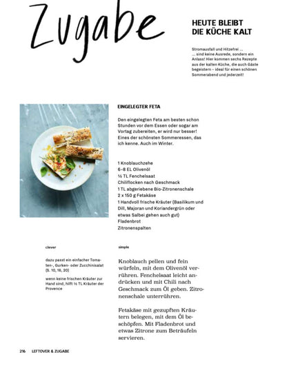 Seite aus Simple & Clever Kochbuch mit Rezepten für marinierten Feta, Text auf Deutsch.