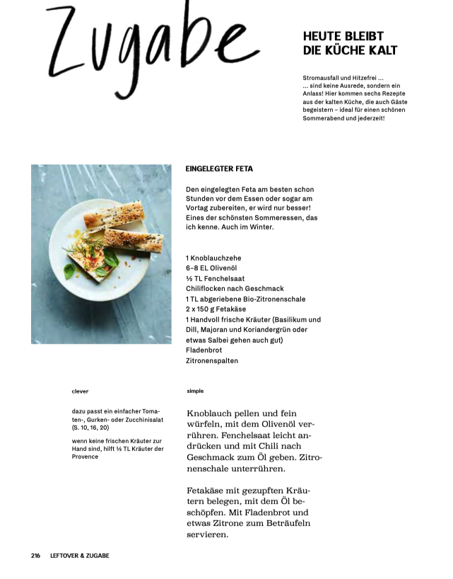 Feta-Rezept auf einer Seite eines deutschen Food-Magazins, Geschenkset Simple & Clever abgebildet.