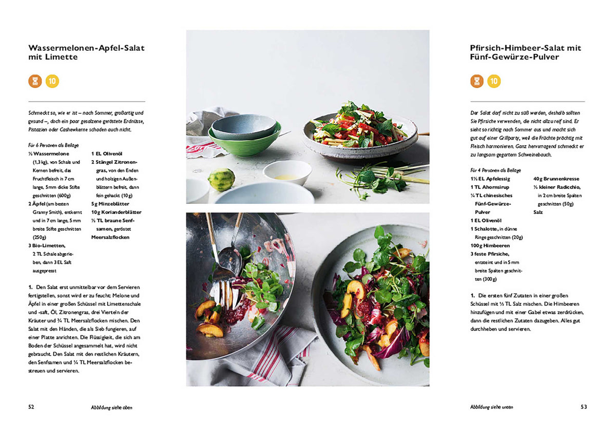 Doppelseite aus Simple: Wassermelonen-Apfel-Salat mit Limette und Pfirsich-Himbeer-Salat.