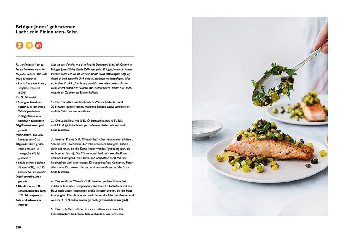 Doppelseite aus Simple: Gebratener Lachs mit Pinienkern-Salsa.