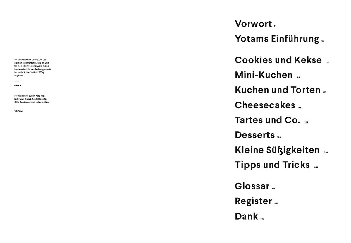 Deutsches Inhaltsverzeichnis für Ottolenghi Sweet Geschenkset mit Keksen, Kuchen und Desserts.