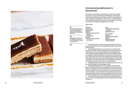 Nahaufnahme von Millionaires Bars mit Karamell, Schokolade und etwas Geschenkset Ottolenghi Sweet.