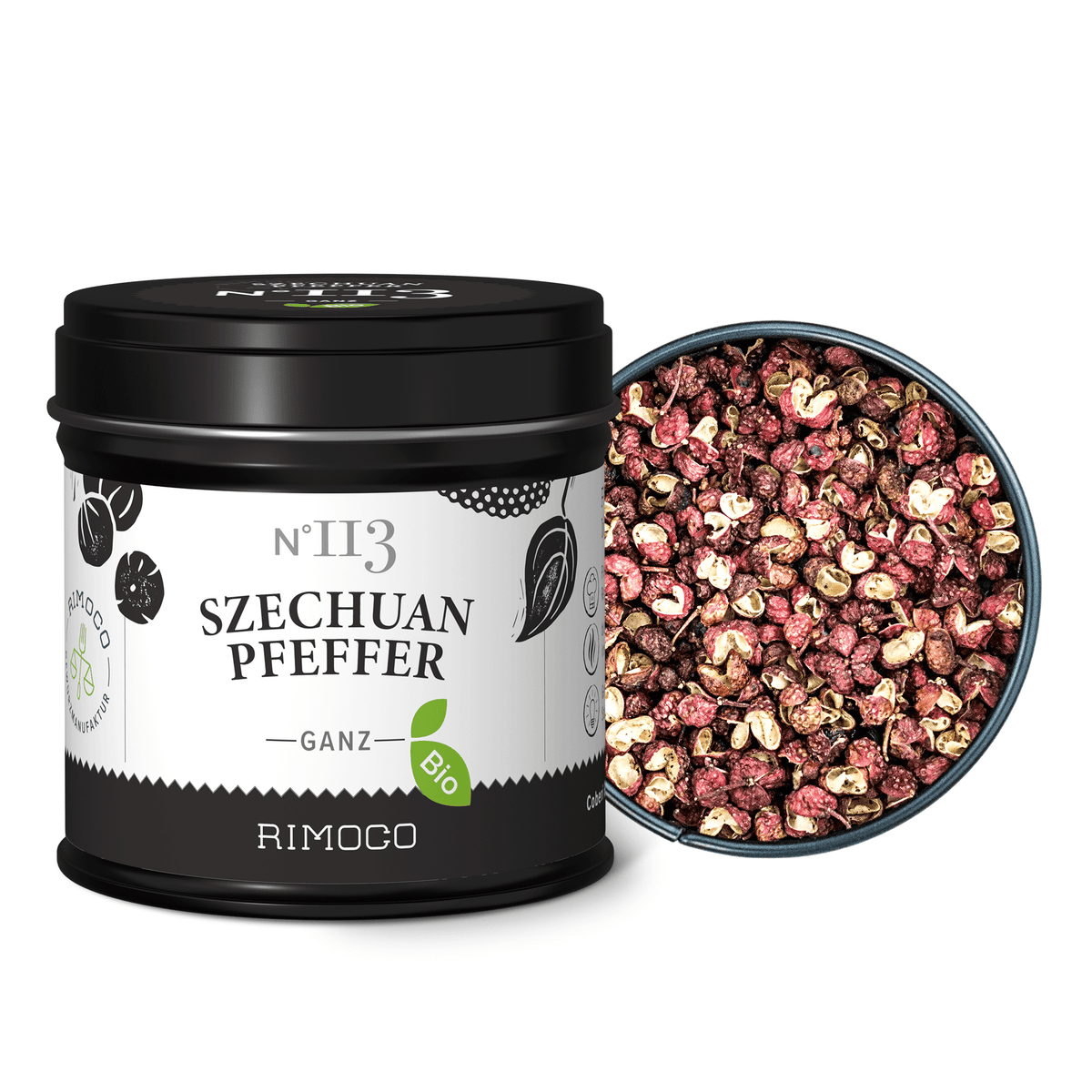 Offene schwarze Dose mit ganzen Bio-Szechuan-Pfefferkörnern.