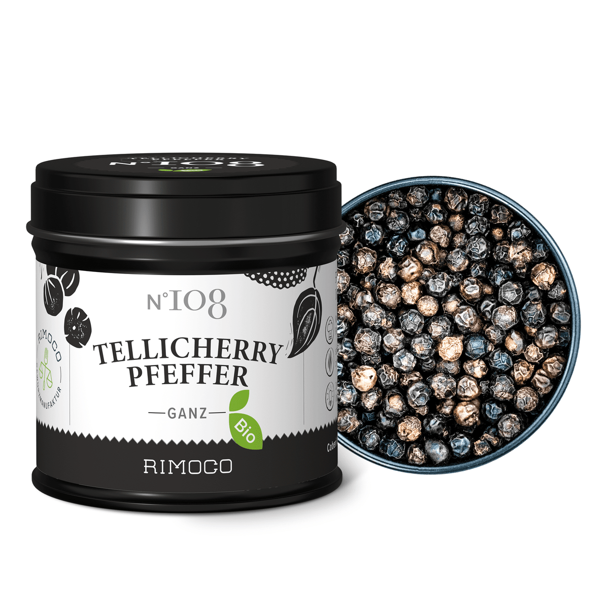 Offene schwarze Dose mit Bio Tellicherry Pfeffer, darin ganze schwarze Pfefferkörner sichtbar.