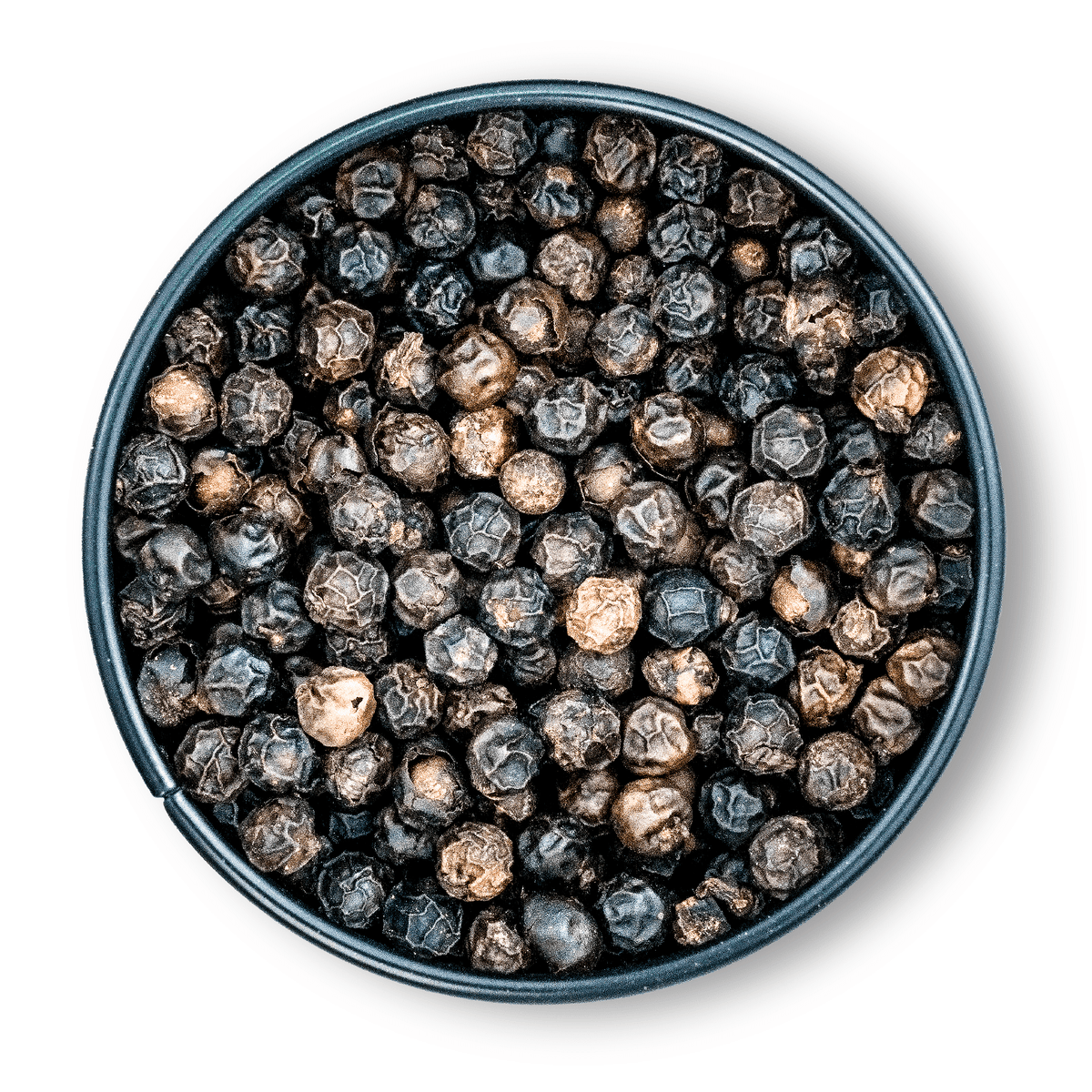 Runde schwarze Dose mit Bio Tellicherry Pfeffer, ganze Pfefferkörner von oben sichtbar.