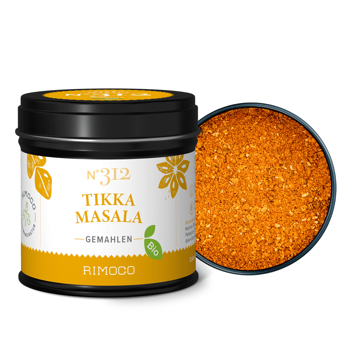 Bio Tikka Masala in offener Dosis, Gewürze sind sichtbar.