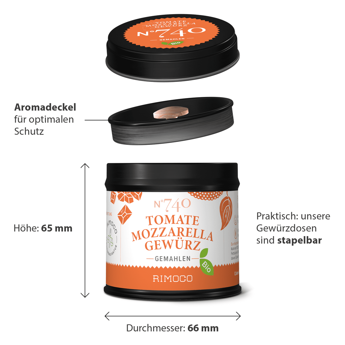 Runde orangefarbene Dose mit Aufschrift Bio Tomate Mozzarella Gewürz.