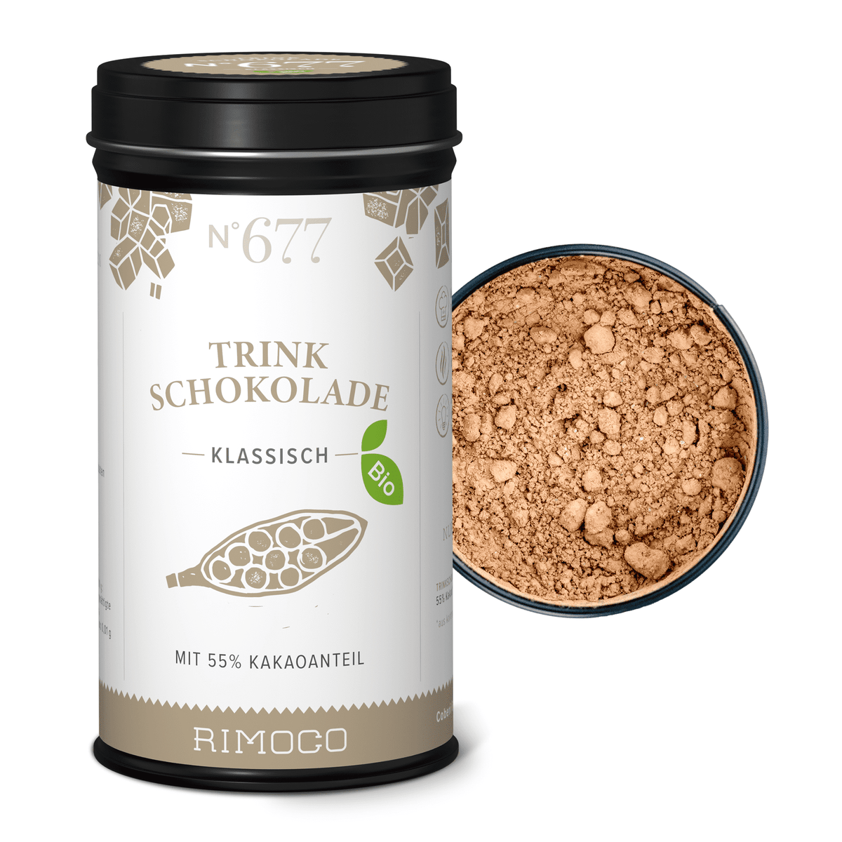 Geöffnete Dose mit Bio Trinkschokolade klassisch, innen sichtbares feines Schokoladenpulver.