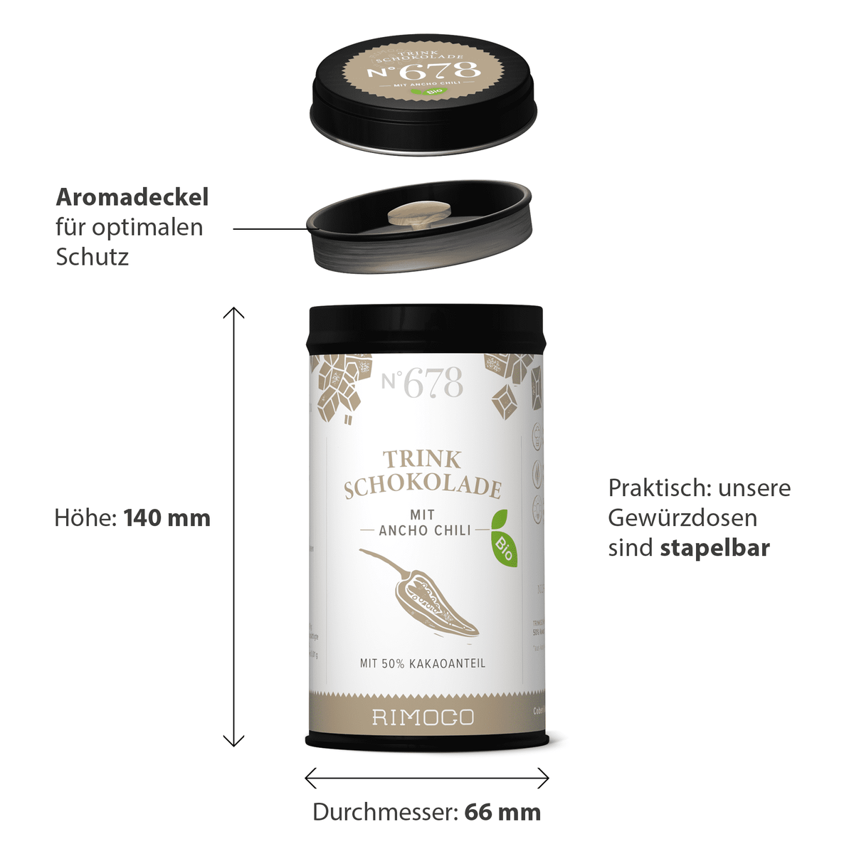 Bio Trinkschokolade mit Ancho Chili in rundem, stapelbarem Behälter mit Aromadeckel.