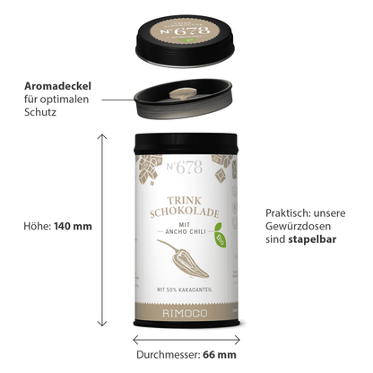 Bio Trinkschokolade mit Ancho Chili in rundem, stapelbarem Behälter mit Aromadeckel.