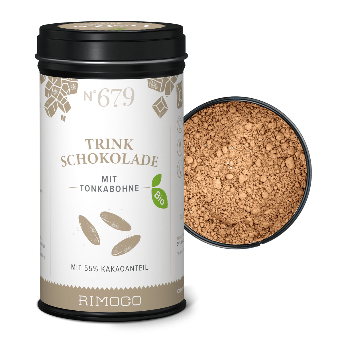 Teilgeöffnete Dose mit Bio Trinkschokolade mit Tonkabohne, Kakaopulver deutlich sichtbar.