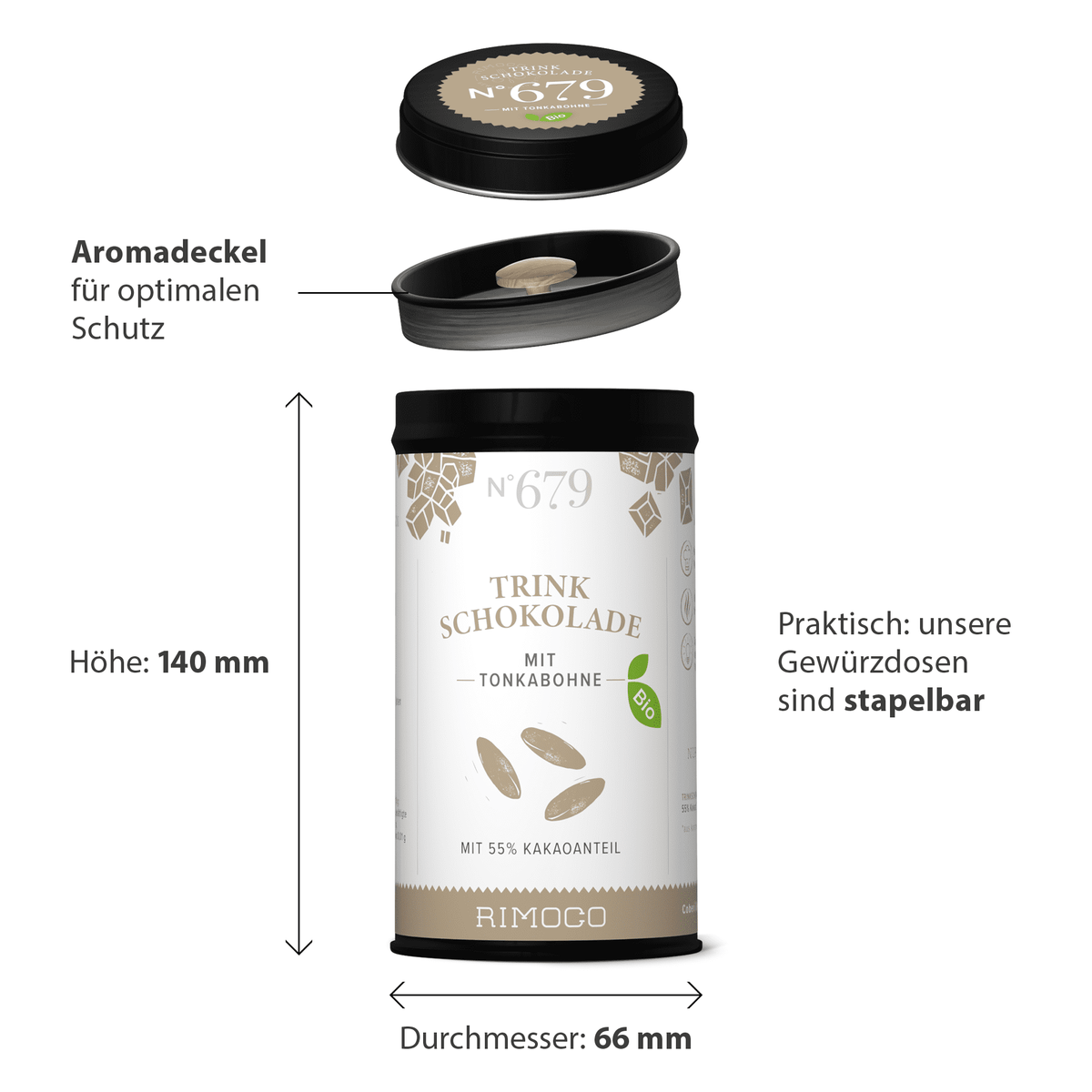 Bio Trinkschokolade mit Tonkabohne in beschrifteter Dose mit Schutzdeckel und stapelbarem Design.