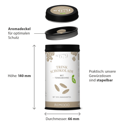 Bio Trinkschokolade mit Tonkabohne in beschrifteter Dose mit Schutzdeckel und stapelbarem Design.