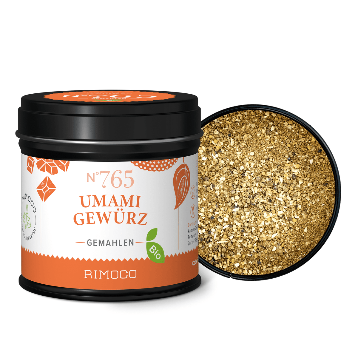 Offene Dosis Bio Umami Gewürz mit grober Gewürzmischung sichtbar.