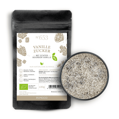 Bio Vanillezucker Packung, Zuckermischung mit sichtbaren Bourbon-Vanille-Stückchen.