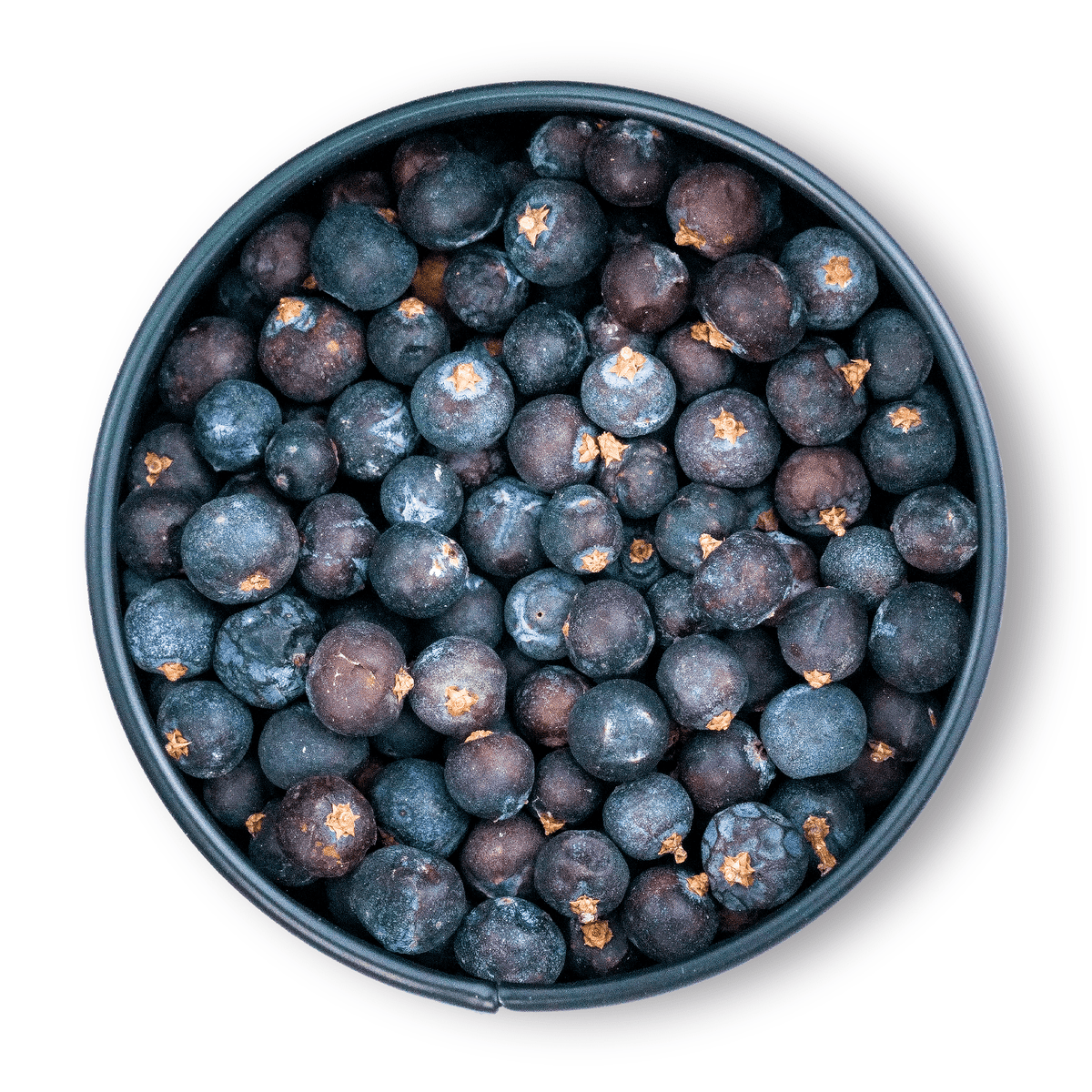 Bio Wacholderbeeren in einer dunkelblauen Schale aus der Vogelperspektive auf weißem Hintergrund.