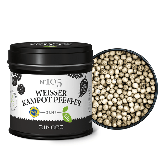 Bio Weißer Kampot Pfeffer Dose, aus der weiße Pfefferkörner herausrollen.