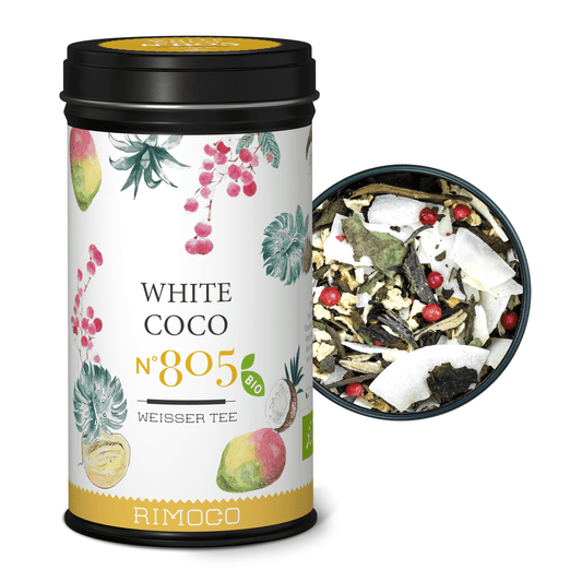 Bio Weisser Tee White Coco Dose mit offenem Deckel und sichtbarem Pai Mu Tan Teeblatt-Inhalt.