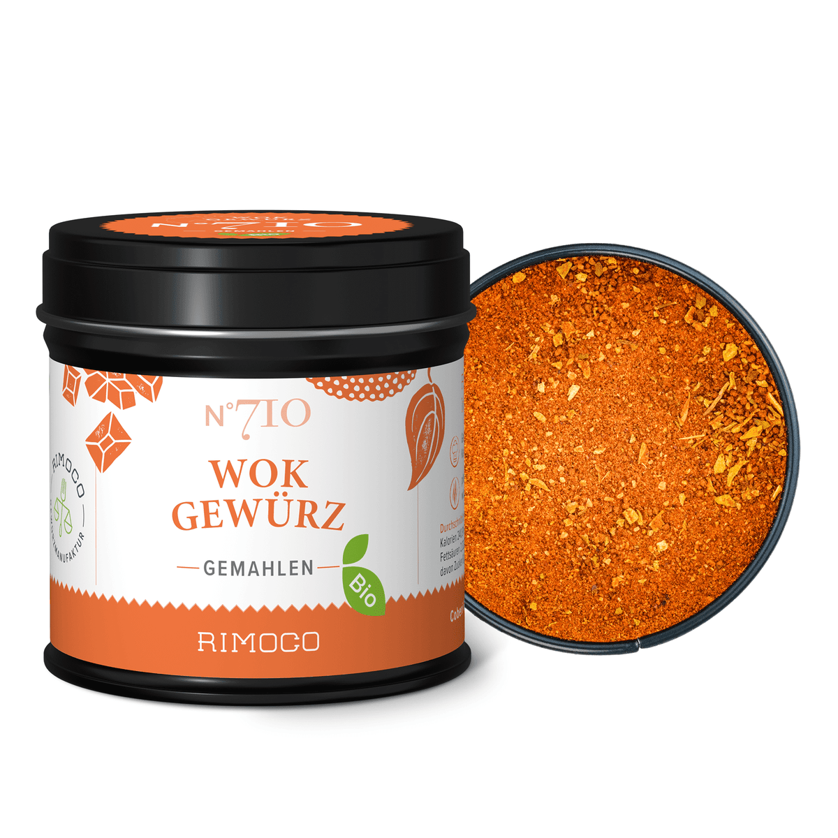Runde Dose Bio Wok Gewürz, Deckel abgenommen, darin orangefarbenes, gemahlenes Gewürz sichtbar.