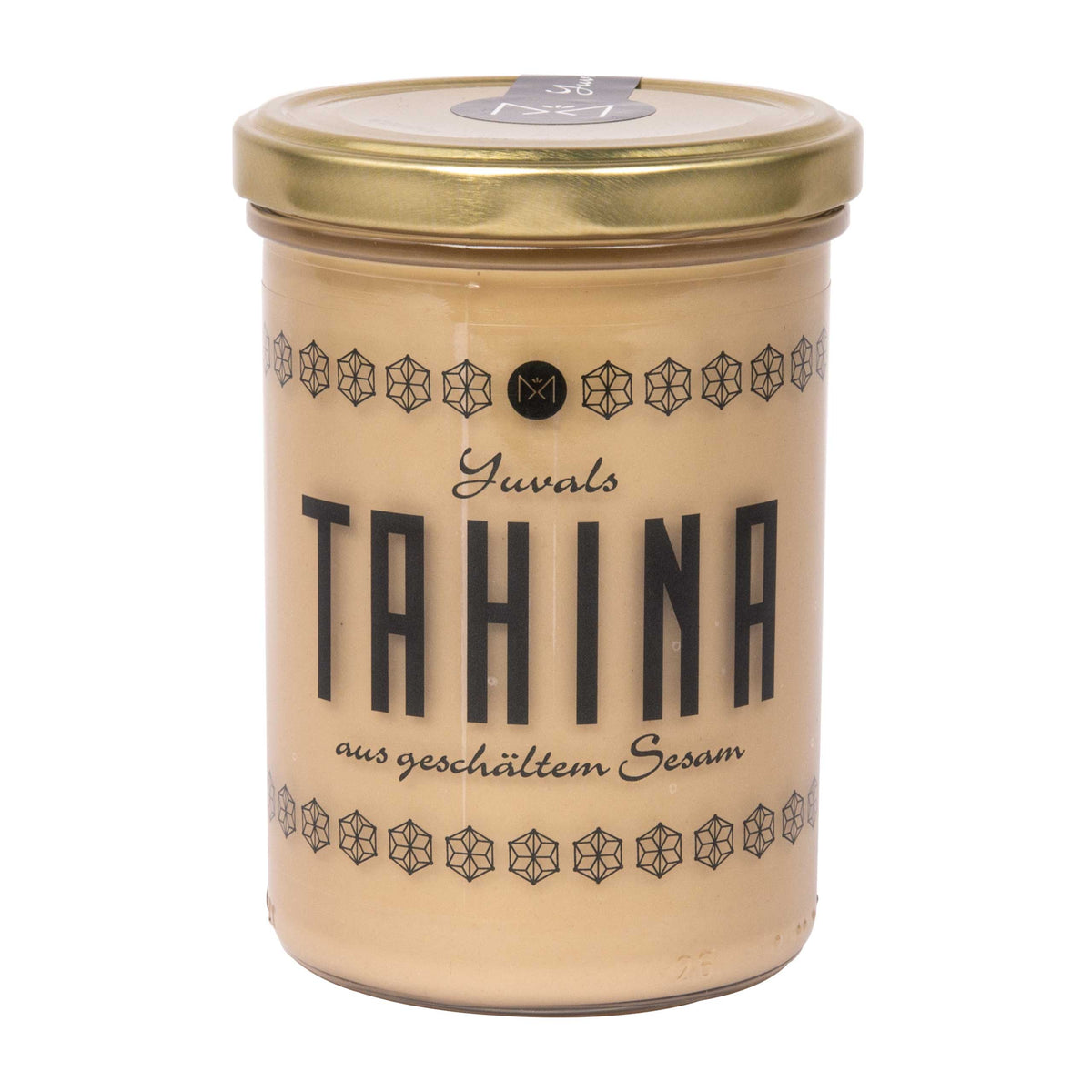 Yuvals Tahina pur groß im Glas mit goldenem Deckel und schwarzer Schrift, enthält Sesam.