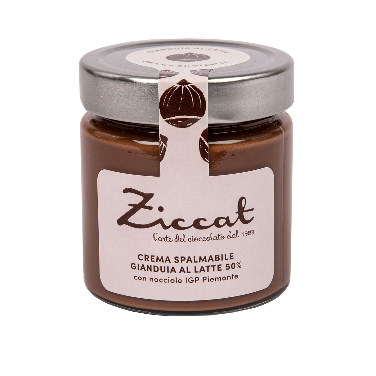 Haselnuss Creme von Ziccat in einem Glas mit silbernem Deckel und weißem Etikett.