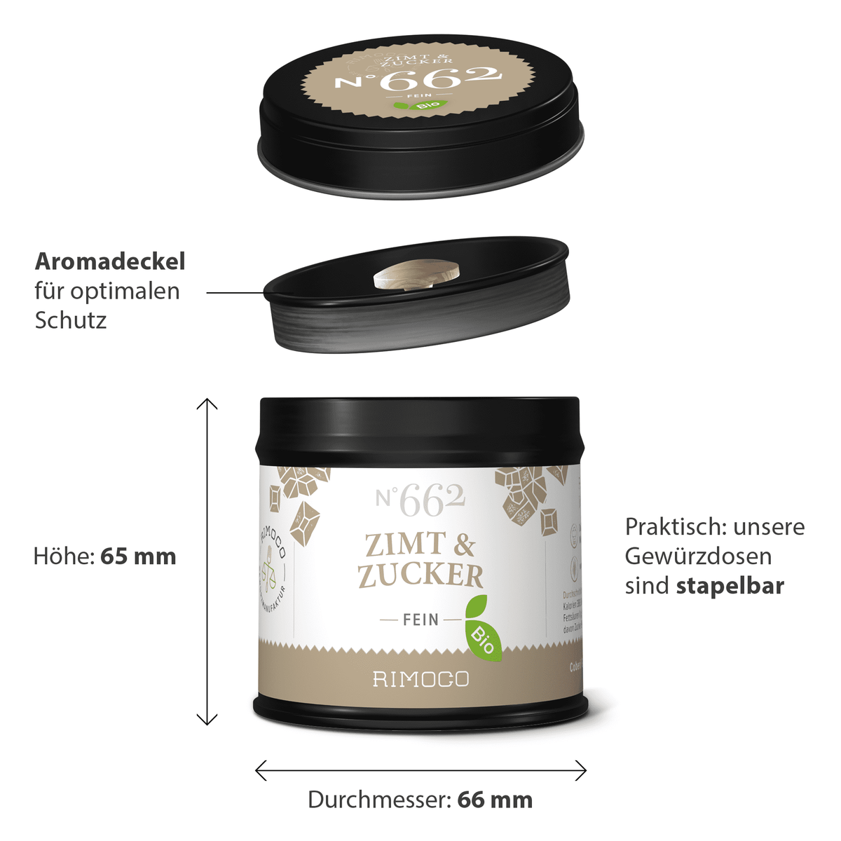 Runde Dose mit Aufschrift Bio Zimt Zucker und schwarzem Deckel.