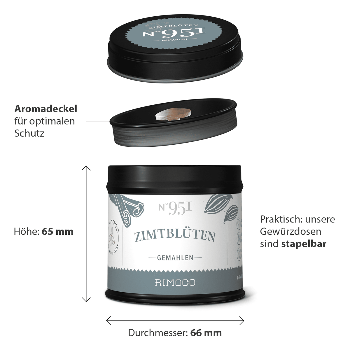 Zimtblüten gemahlen in runder Dose mit beschriftetem Deckel, offen und geschlossen gezeigt.